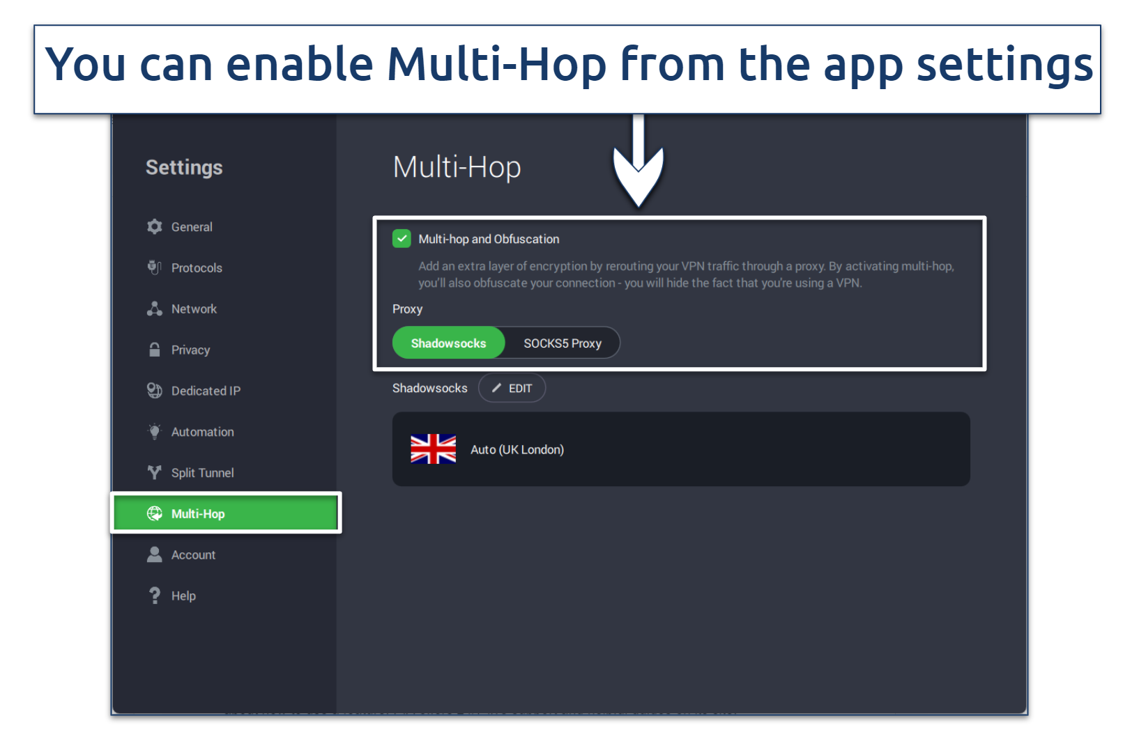 Screenshot showing how to enable PIA's Multi-Hop