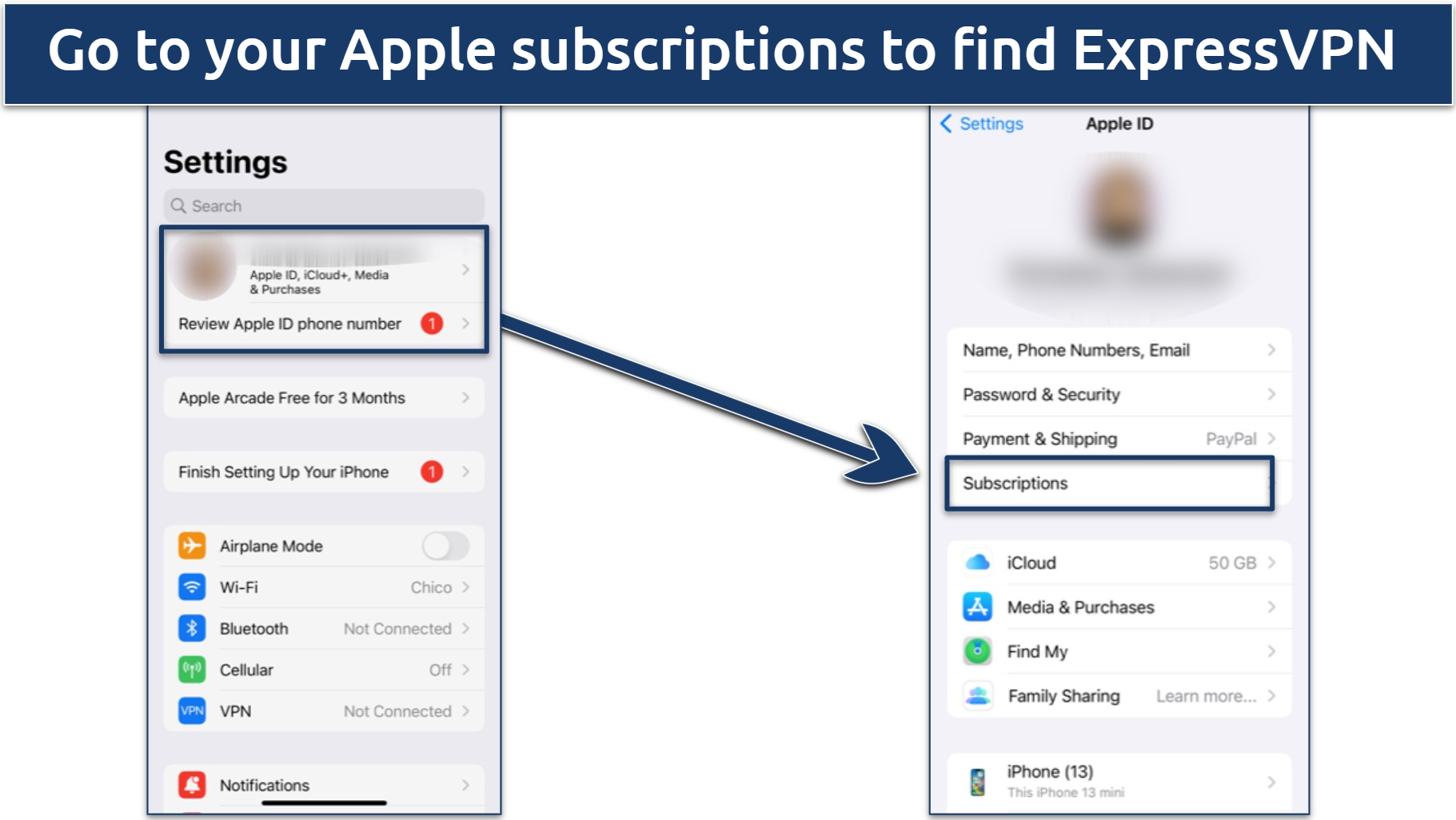 Screenshot showing how to cancel ExpressVPN on iPhone