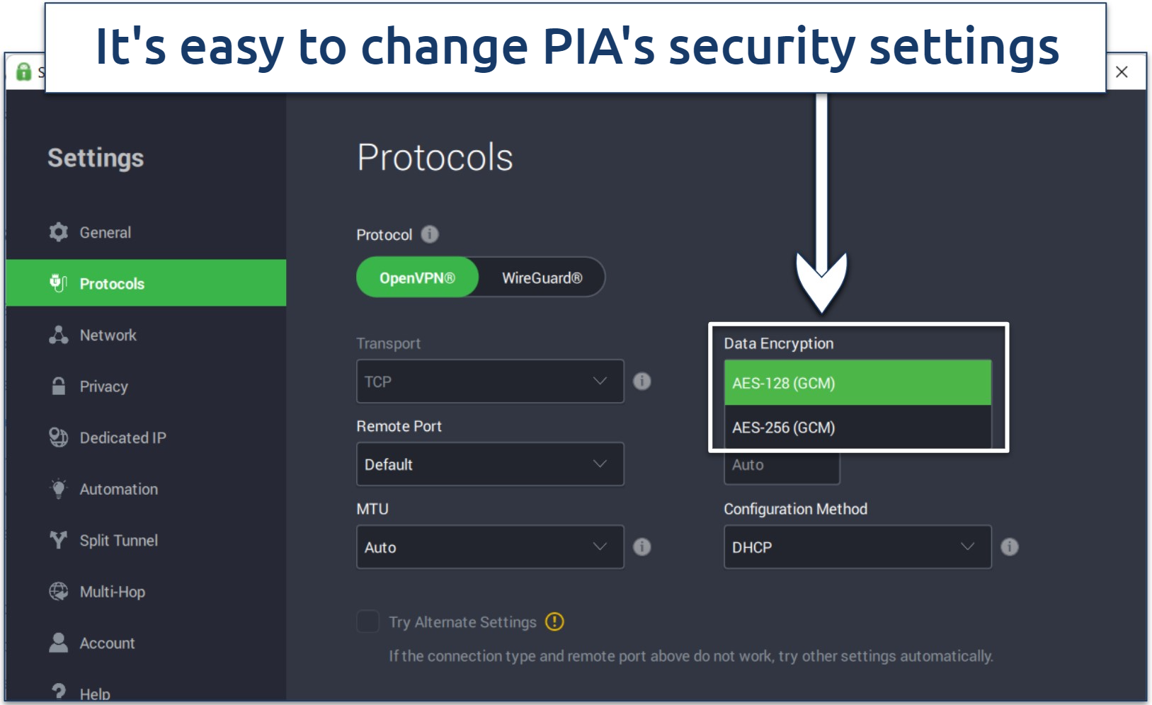 Screenshot showing how to access PIA's security settings
