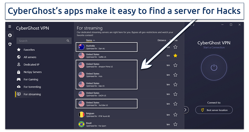 Screenshot showing CyberGhost for streaming servers