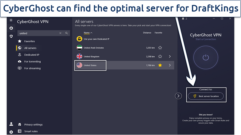 Screenshot showing CyberGhost's app interface