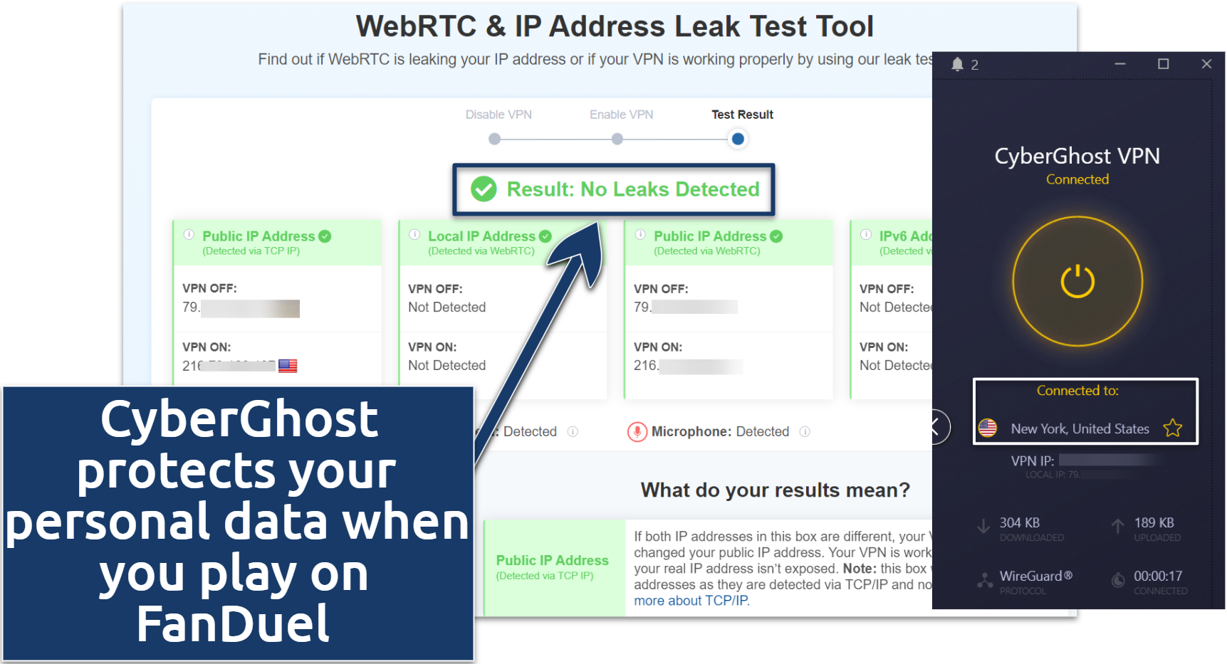 Screenshot of CyberGhost allowing no IP/WebRTC leaks