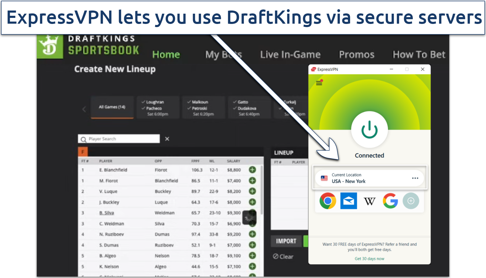 Screenshot showing DraftKings working with ExpressVPN