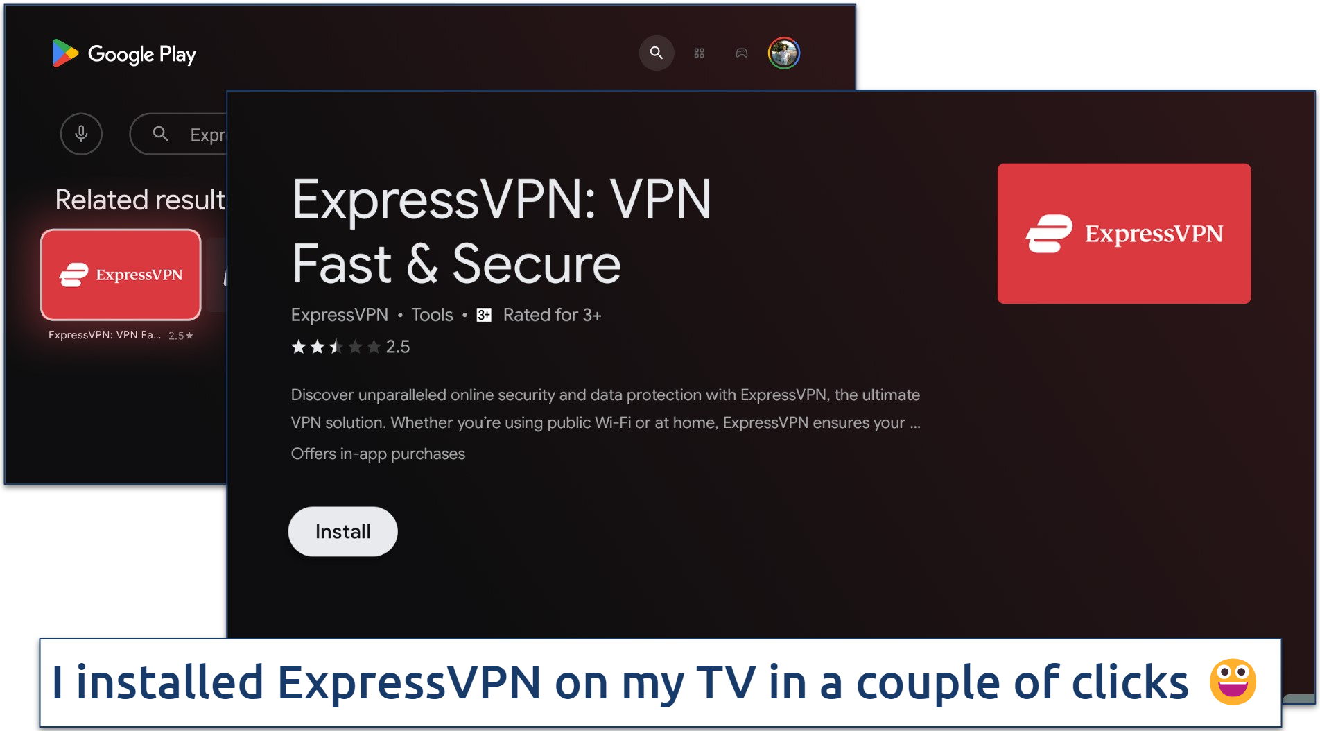 Screenshot of ExpressVPN's smart TV app in Google Play Store for Android TV
