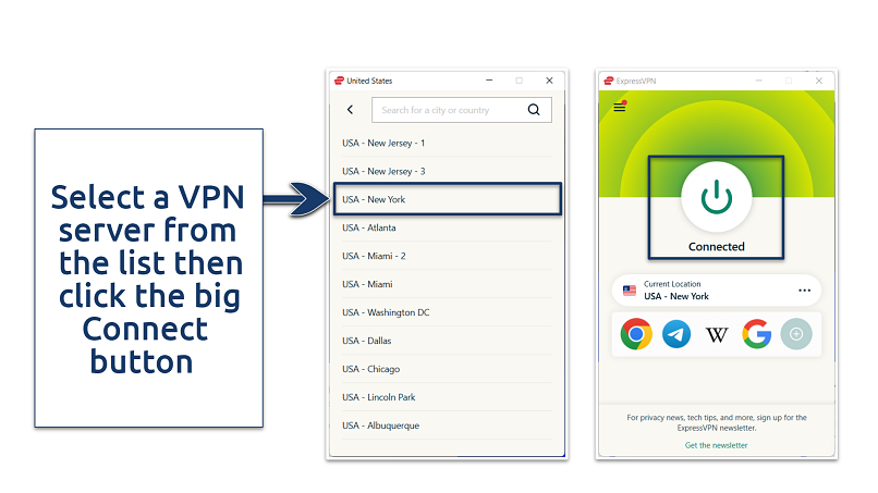Screenshot showing connection to ExpressVPN’s NY server