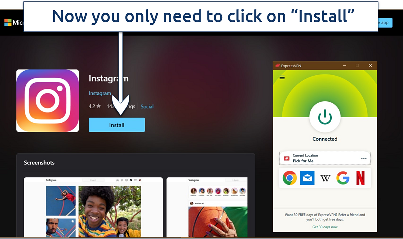 Screenshot of Instagram installation page with ExpressVPN connected to a