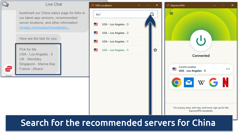 Screenshot of ExpressVPN’s Windows interface and recommended servers for China