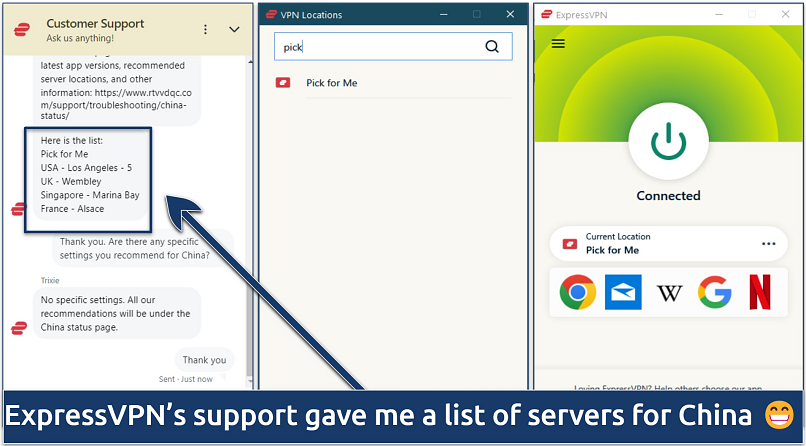 Screenshot of ExpressVPN's Windows app and a live chat conversation regarding recommended servers for China