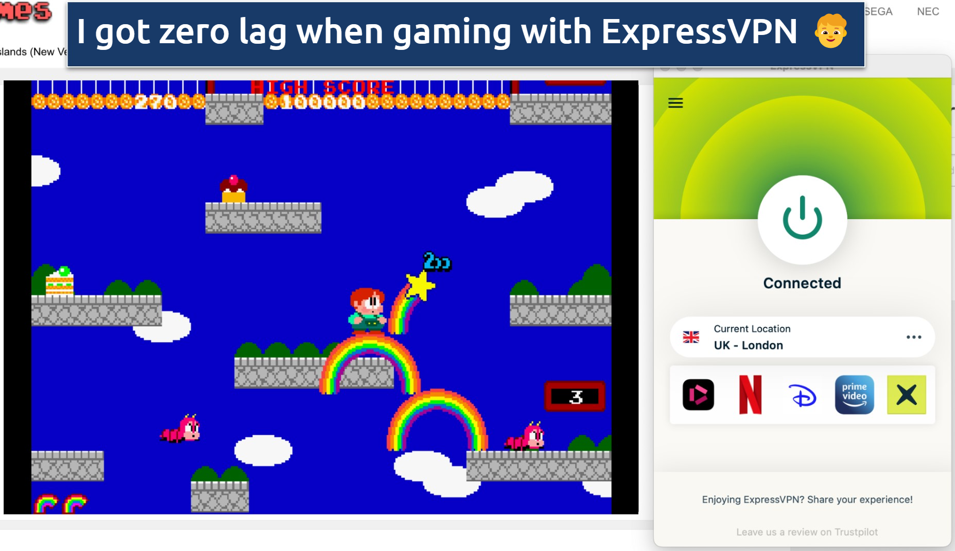 Screenshot of the ExpressVPN app alongside an online version of Rainbow Islands