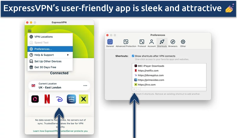 Screenshot of the ExpressVPN app with the Shortcuts panel