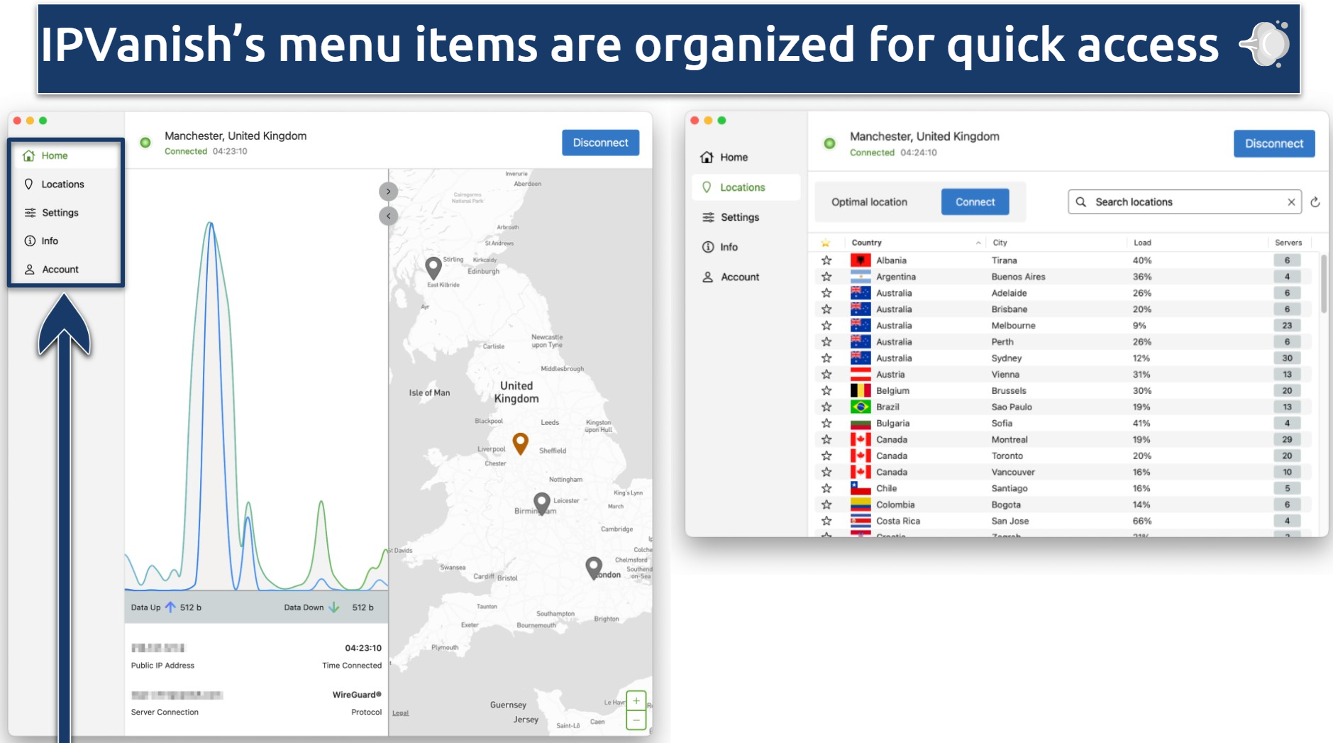 Screenshot of the IPVanish app with the locations panel