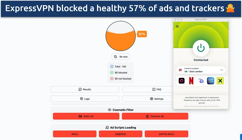 Screenshot of the ExpressVPN app over an online ad and tracker test