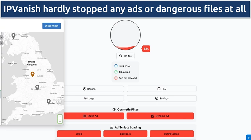 Screenshot of the IPVanish app over an online ad and tracker test