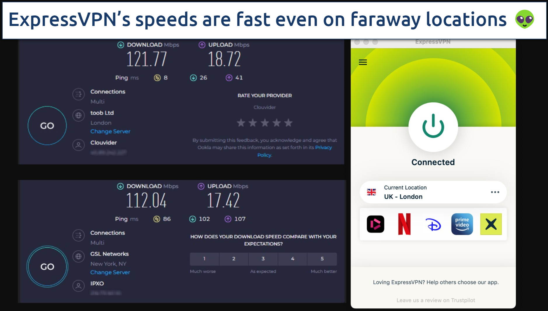 Screenshot of the ExpressVPN app over an online speed test tool