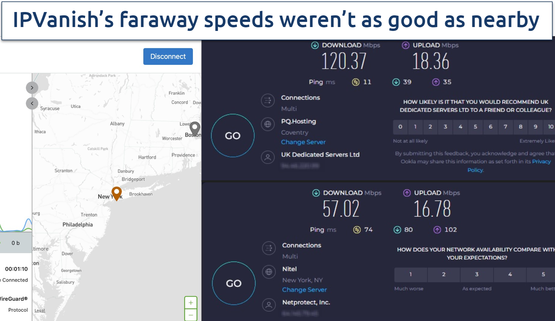 Screenshot of the IPVanish app over an online speed test tool
