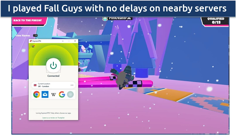 Screenshot of the Fall Guys game with ExpressVPN app in the background