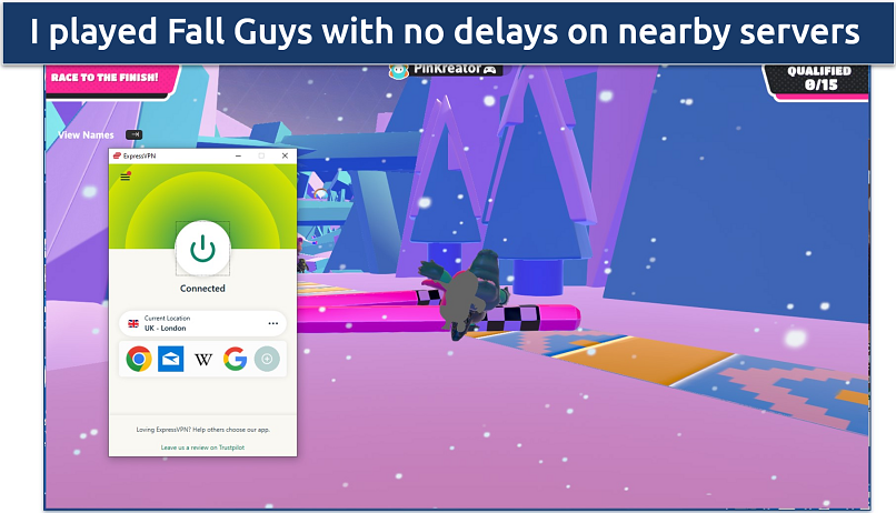 Screenshot of the Fall Guys game with ExpressVPN app in the background