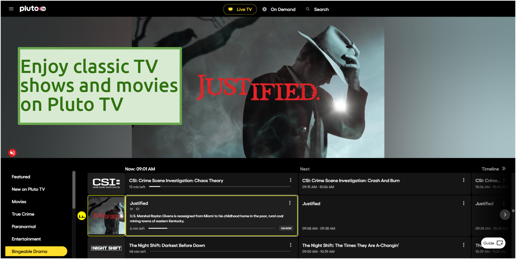 Screenshot of the Pluto TV free streaming platform