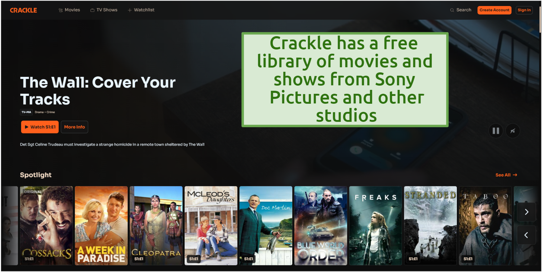 Screenshot of the free Sony Crackle streaming platform