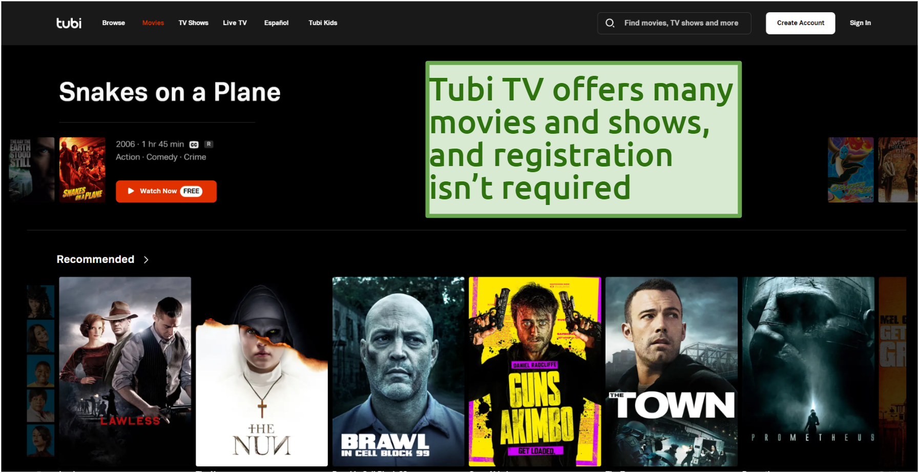 Screenshot of the free Tubi TV streaming platform