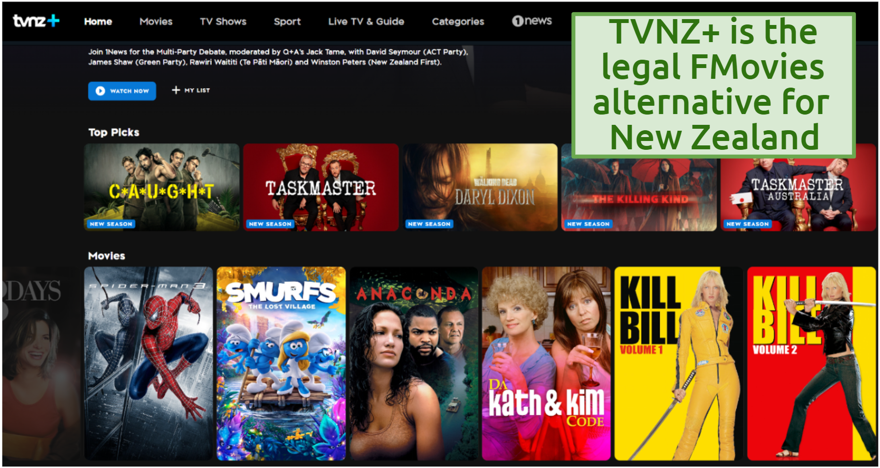 Screenshot of the free TVNZ+ streaming platform