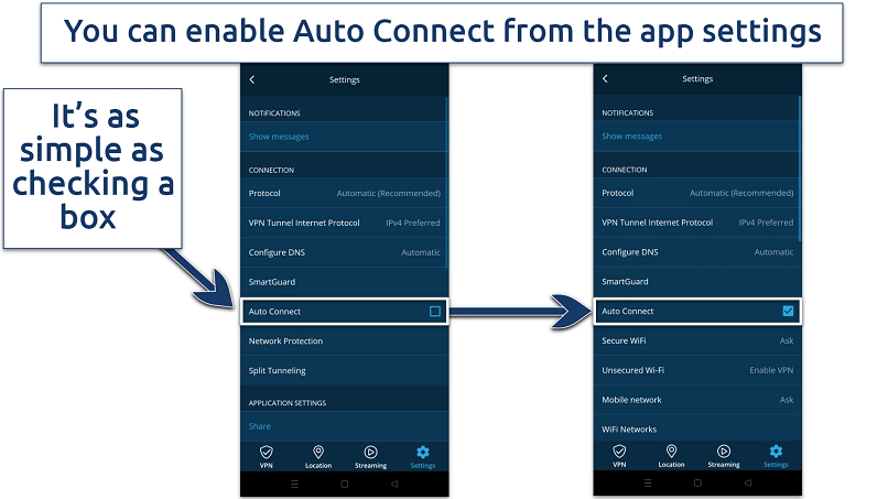 Screenshot showing how to enable Auto Connection on hide.me’s Android app