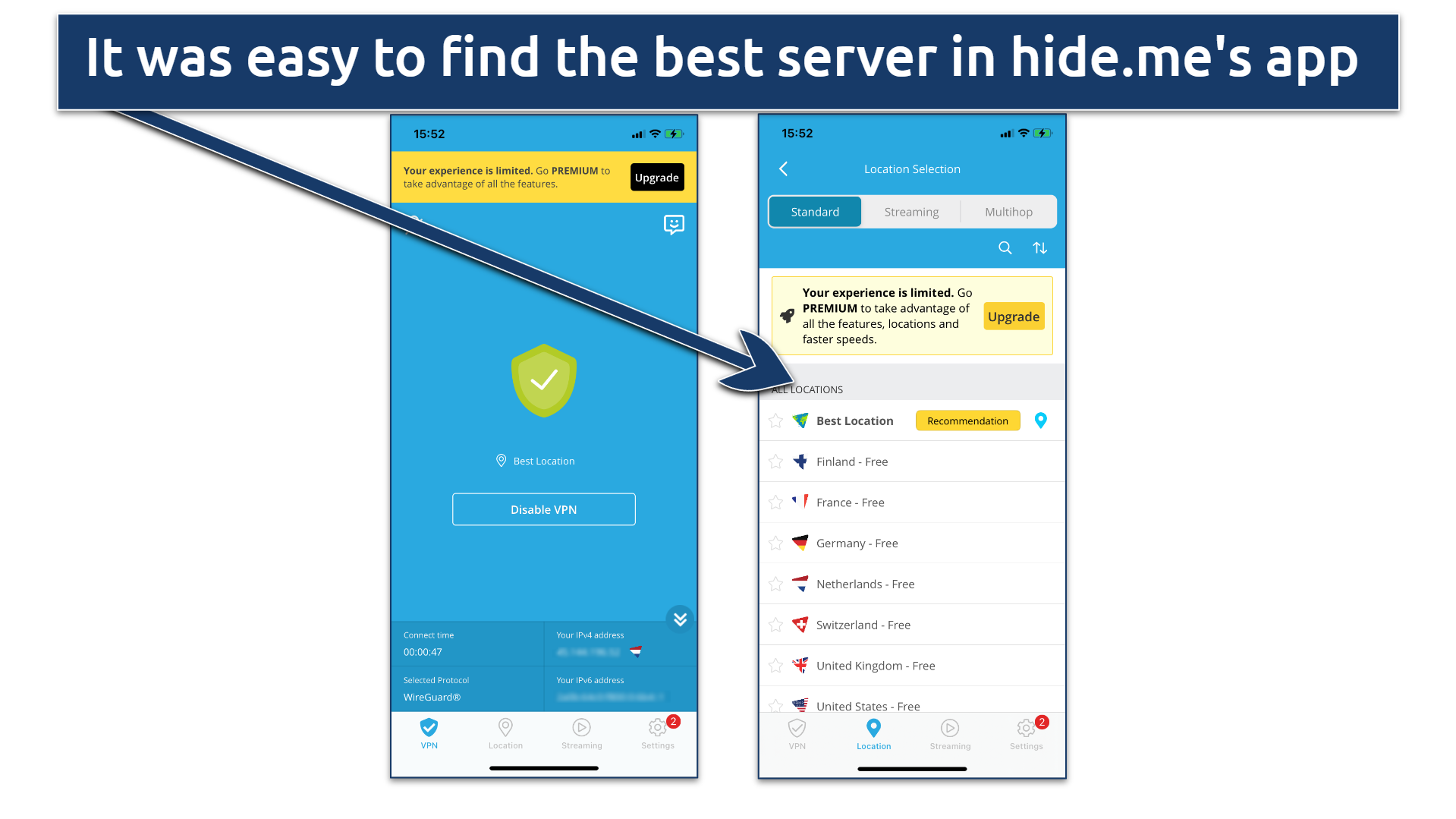 Screenshot of the free servers list in the hideme app