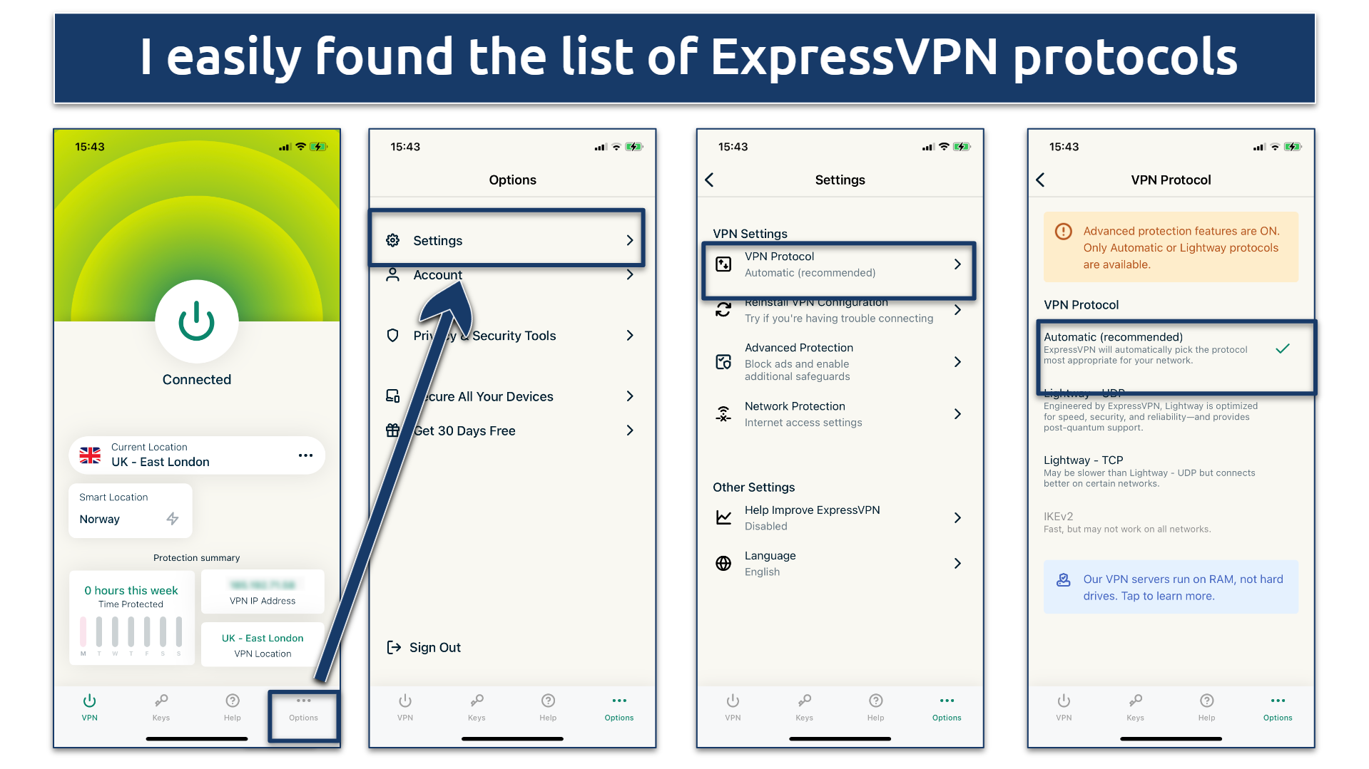 Screenshot of the VPN protocol list in ExpressVPN app