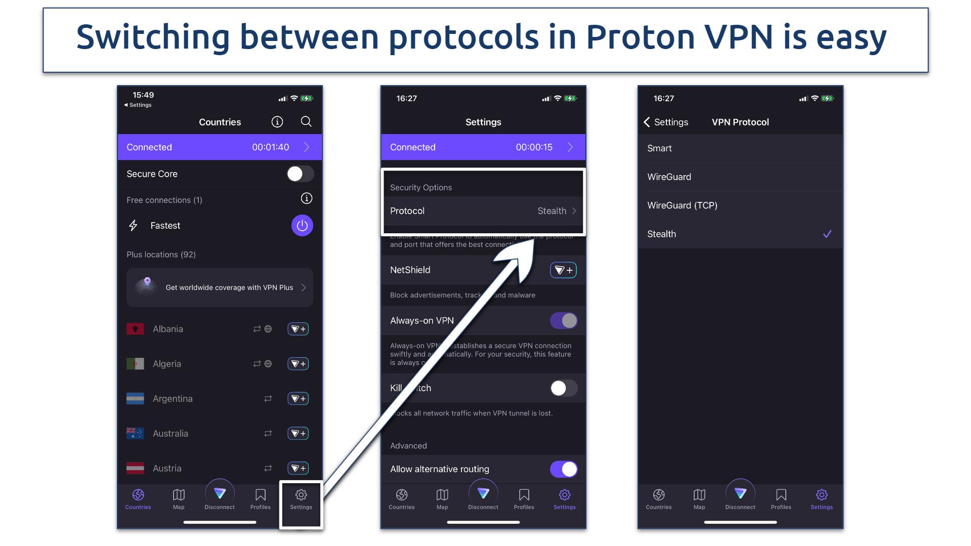 Screenshot of the VPN protocol list in Proton VPN app