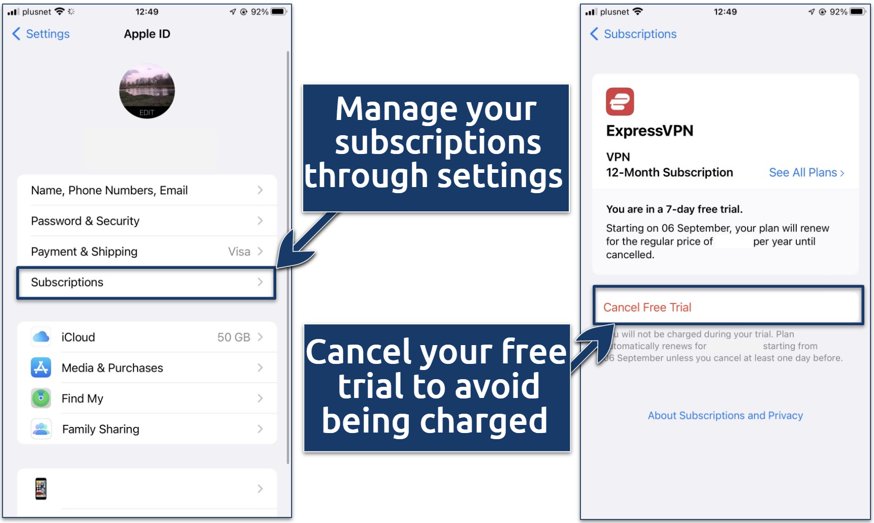 Screenshot showing how to cancel ExpressVPN free trial on iOS