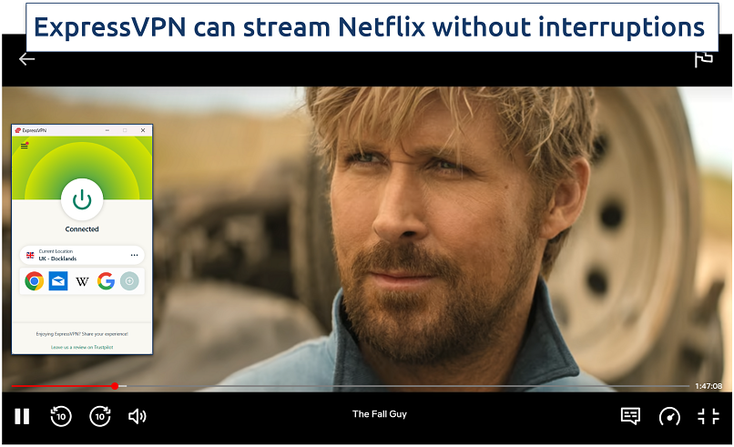 Screenshot of The Fall Guy streaming on Netflix UK with ExpressVPN connected