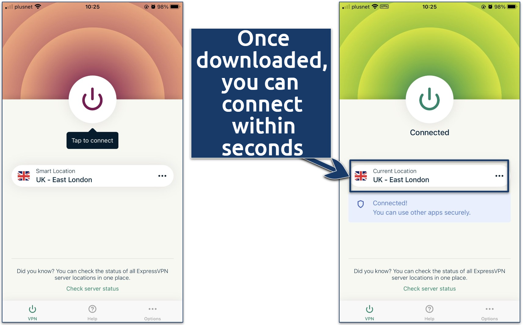 Screenshot of ExpressVPN app connected to East London server