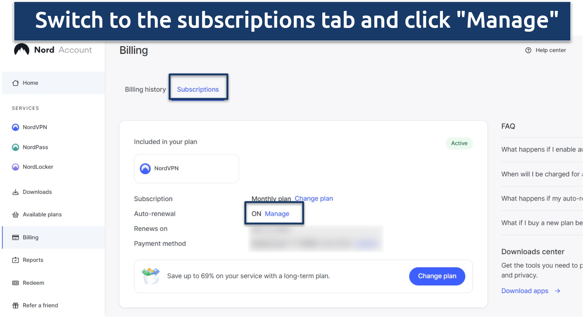 Image showing how to view your subscription on NordVPN's account dashboard