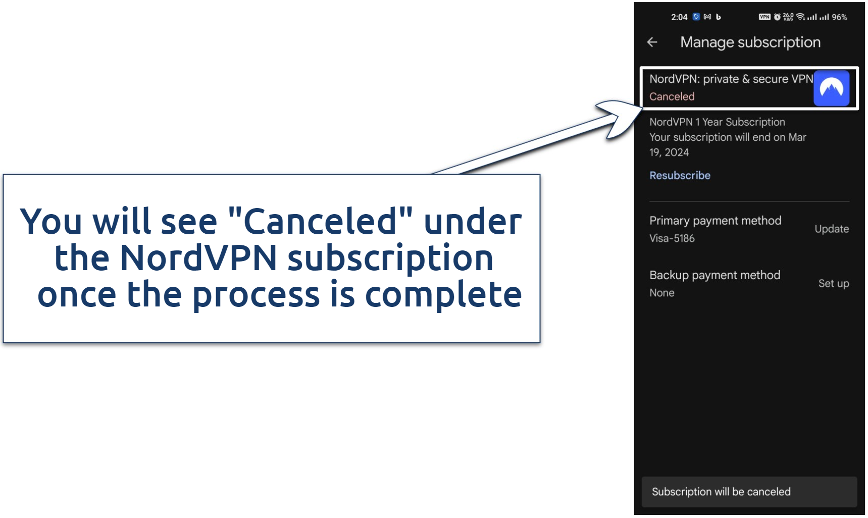Image showing that NordVPN's subscription is canceled
