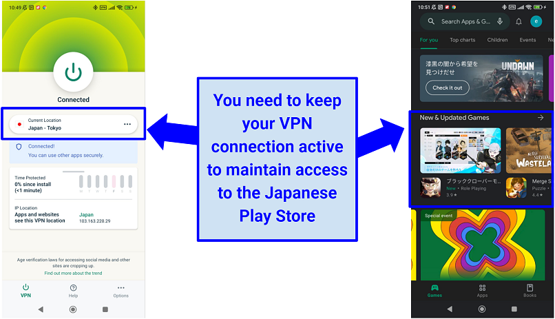 Screenshot of ExpressVPN successfully granting access to Japanese Google Play Store