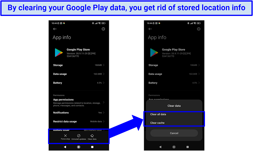 Screenshot showing how to erase Google Play Store data