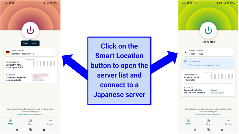 Screenshot showing how to connect to a Japanese server using ExpressVPN
