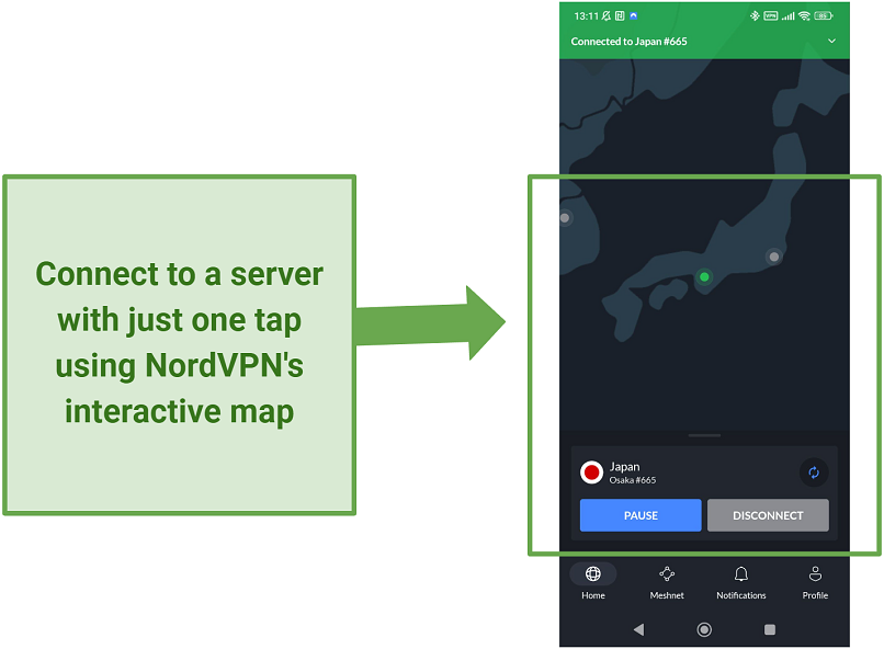 Screenshot of the NordVPN Android app being connected to a Japan server