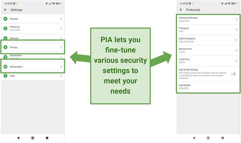 Screenshot of PIA's security settings