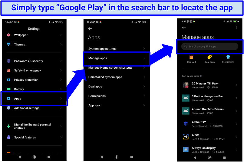 Screenshot of Android app management user interface