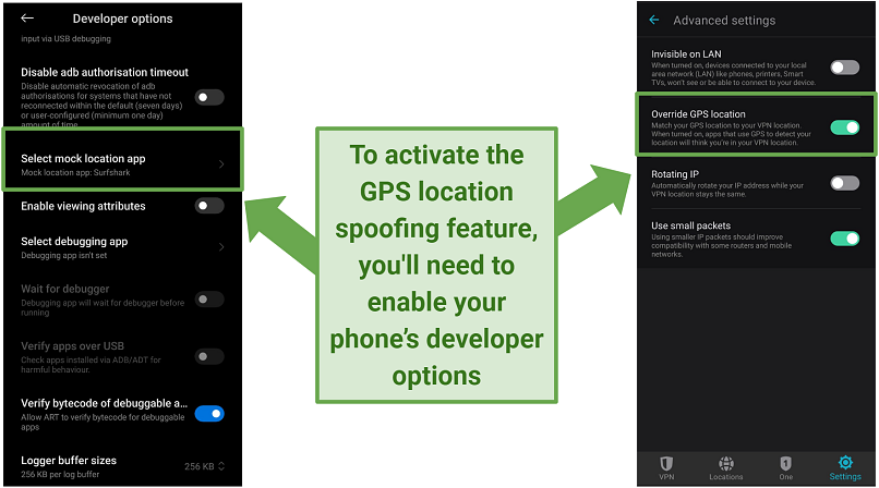 Screenshot showing how to enable Surfshark's GPS Spoofing feature