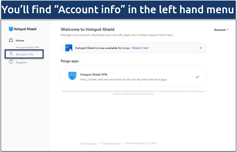 A screenshot of the Hotspot Shield account dashboard web page with the
