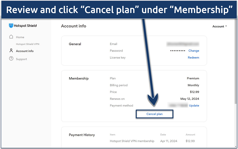 A screenshot of the Hotspot Shield account info dashboard with the