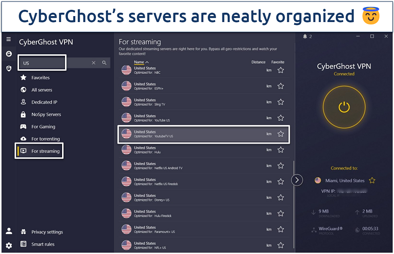 A screenshot of CyberGhost’s streaming-optimized servers with its organized navigation system highlighted.