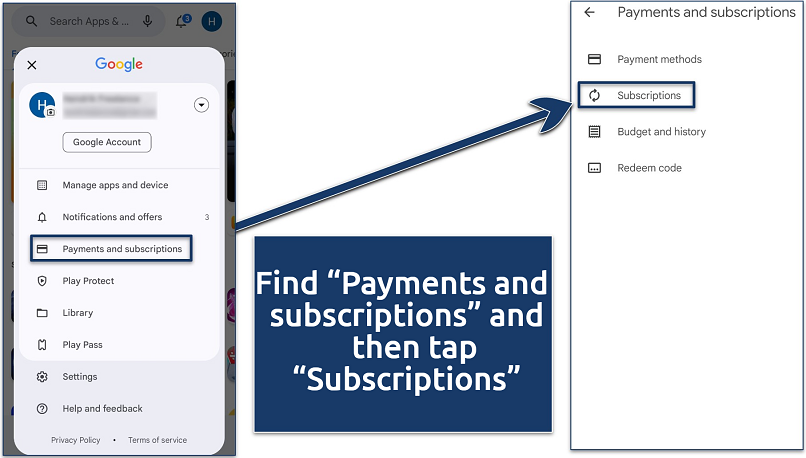 Screenshots of the account options list in the Google Play Store mobile app and the 