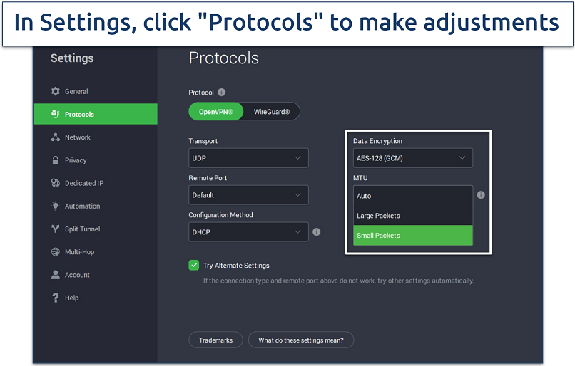 A screenshot of PIA’s protocol settings page with it’s encryption-level settings highlighted.