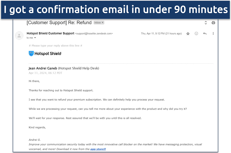 A screenshot of the Hotspot Shield email acknowledging the receipt of my refund request.