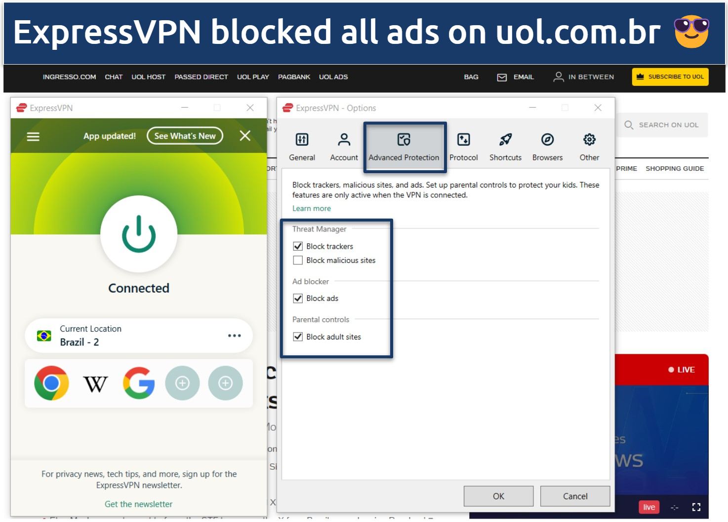 A screenshot of ExpressVPN blocking ads on uol.com br when activating Advanced Protection