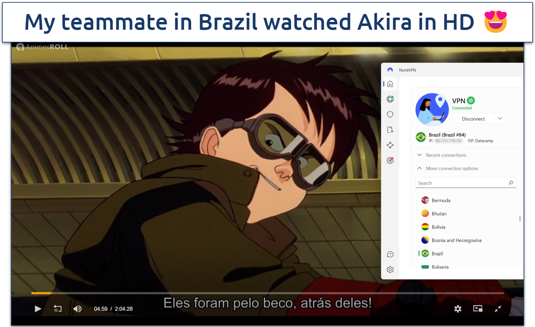 A screenshot of streaming Akira on AnimeRoll while connected to NordVPN's Brazil server.