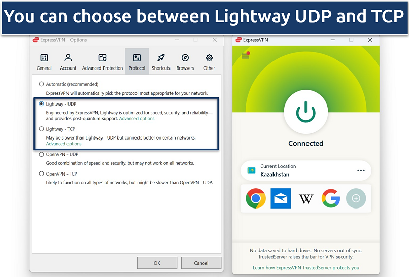 An image showing ExpressVPN’s protocol options